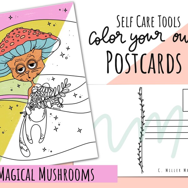 Magical Mushrooms: Set of 4 Color Your Own Postcards- Self Care Tools Adult Coloring & Meditation- 4 Unique Designs