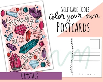 Crystals: Set of 4 Color Your Own Postcards- Self Care Tools Adult Coloring & Meditation Gift