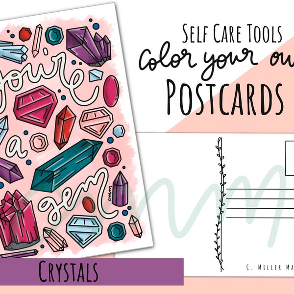 Crystals: Set of 4 Color Your Own Postcards- Self Care Tools Adult Coloring & Meditation Gift