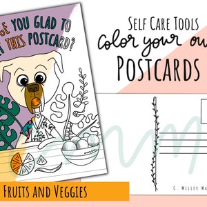 Fruits and Veggies: Set of 4 Color Your Own Postcards- Self Care Tools Adult Coloring & Meditation Gift