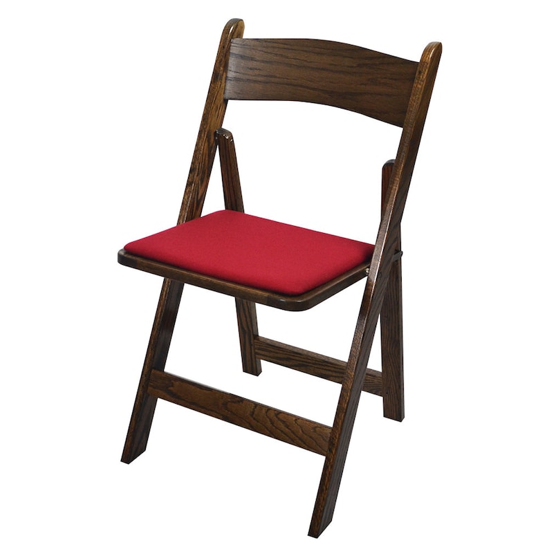 May include: A dark brown wooden folding chair with a red padded seat.