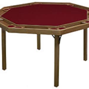 May include: A wooden octagonal folding table with a red felt top and cup holders around the edge. The table is ideal for playing cards or other games.