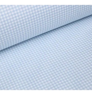 May include: A roll of fabric featuring a light blue and white gingham check pattern. The textile displays a consistent, small-scale checkered design across the entire surface, with the fabric folded to show depth and texture of the material.