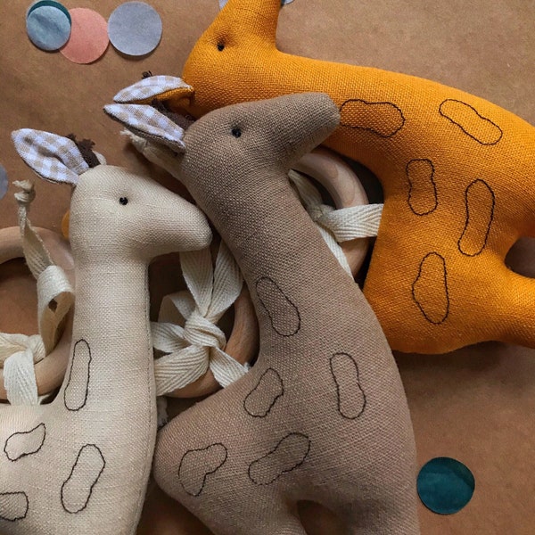 The first rattle for newborn from natural materials , wooden tether , linen giraffe , handmade , teething, gift for baby