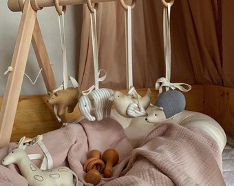 Set with 4 gym toys for wooden mobile, Handmade Natural Wood Play Gym for Babies, gift for newborn, linen animals