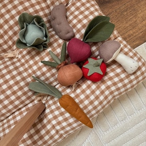 May include: A set of felt toy vegetables on a brown and white gingham fabric. The vegetables include a carrot, a tomato, a beet, a mushroom, a potato, and a cabbage.