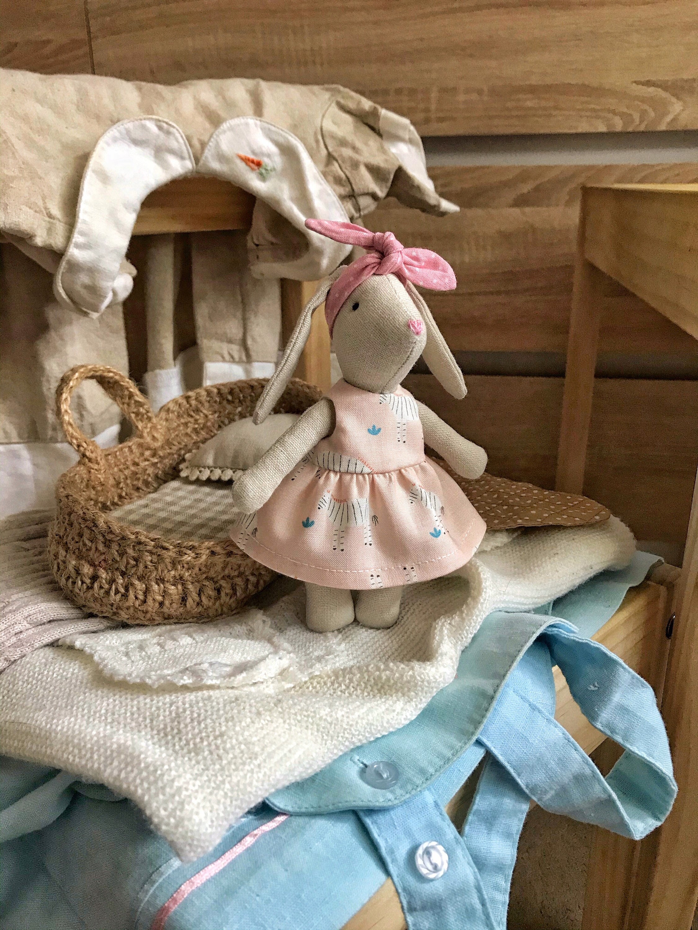 Linen gray bunny toy| first toy| bunny for girls| wicker cradle with pillow, mattress and blanket | Games for children | natural materials