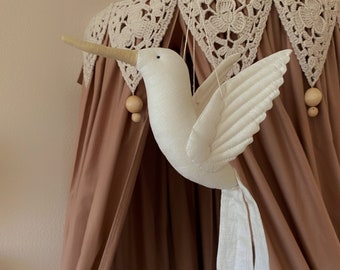 linen white hanging  hummingbird , baby nursery decor , interior decoration, linen bird colibri , baby shower gift