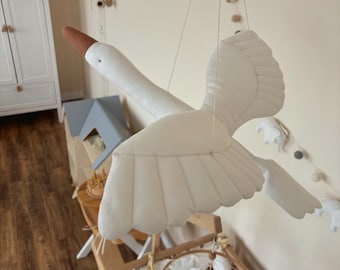 Big linen white hanging  stork , baby nursery decor , interior decoration, linen bird , baby shower gift