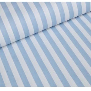 May include: A length of fabric featuring a repeating pattern of vertical stripes in light blue and white. The material is folded over at the top, creating a soft drape that highlights the consistent width and orientation of the alternating color bands.