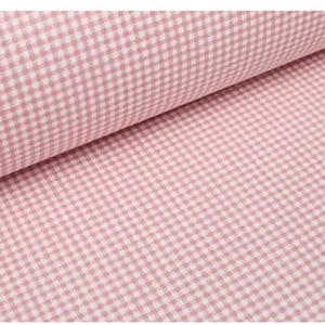 May include: A bolt of fabric featuring a classic light pink and white gingham check pattern. The textile is folded over itself, displaying the consistent small-scale checkered design across the surface of the material in a repeating grid.