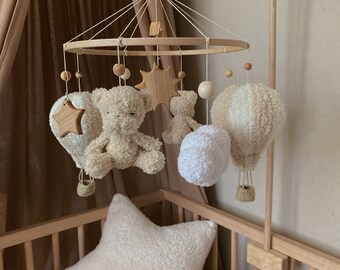 Wooden mobile with teddy for newborn, Knitted plush teddy  toys, milky , beige teddy , balloon , white clouds , wooden crib toy