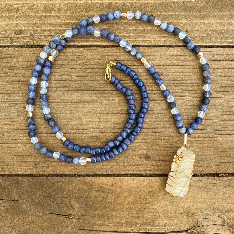 Beaded Pendant Necklace Iridescent Quartz Opalite Wire Wrapped Sodalite Gold Hematite