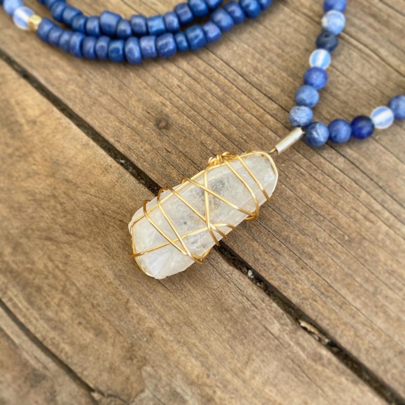 Beaded Pendant Necklace Iridescent Quartz Opalite Wire Wrapped Sodalite Gold Hematite