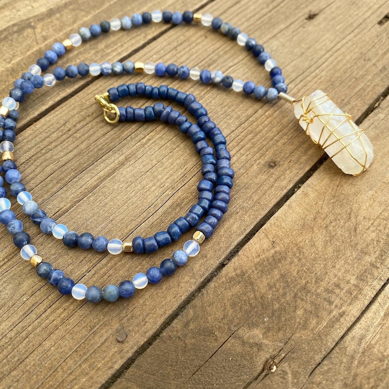 Beaded Pendant Necklace Iridescent Quartz Opalite Wire Wrapped Sodalite Gold Hematite