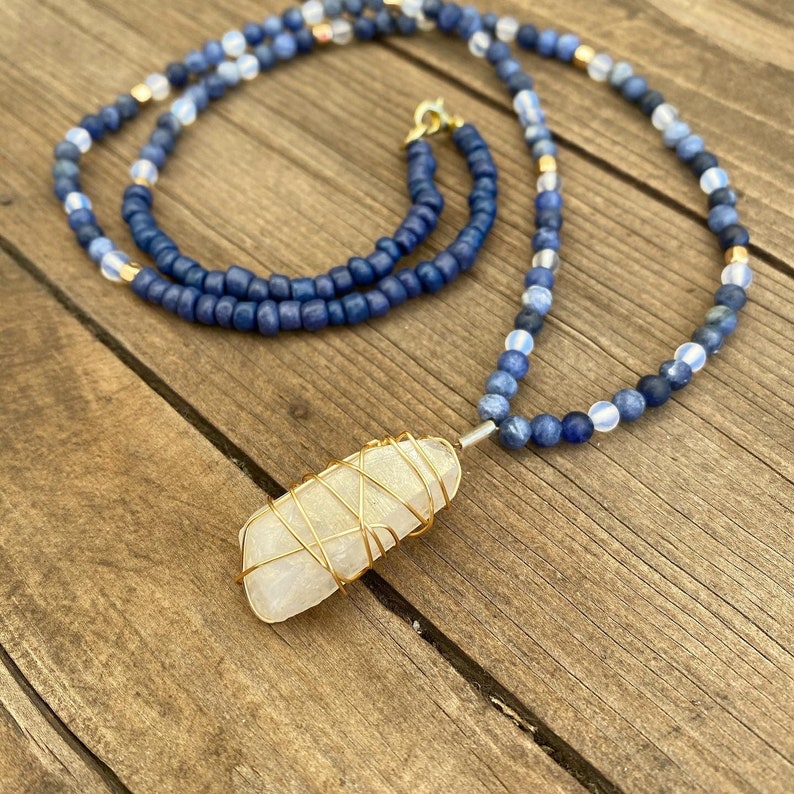 Beaded Pendant Necklace Iridescent Quartz Opalite Wire Wrapped Sodalite Gold Hematite