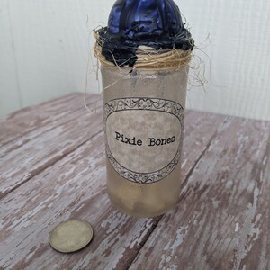 May include: A glass jar with a black and blue wax seal, tied with twine, and a label that reads "Pixie Bones".