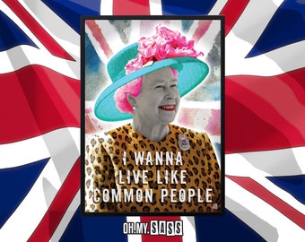 Union Jack koningin Elizabeth II afdrukken | Kleurrijke eigenzinnige leuke luipaardprint poster | Pulp gewone mensen lied muziekteksten kunst aan de muur A3 A4 A5