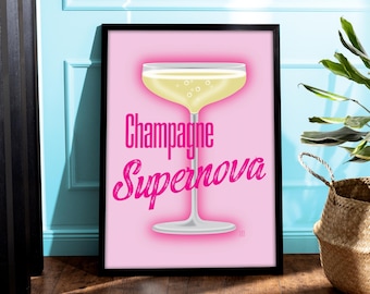 Estampado Champagne Supernova / Fondo rosa Copa de Prosecco / Bebidas alcohólicas en la hora feliz / Música de bar y cocina Letra / A1 A2 A3 A4 A5