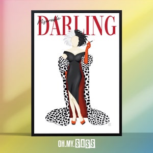Cruella de Vil Magazine Cover Print | Disney Villain Drawing | Dalmatian | Fashion Illustration | Wall Art Poster | Gift for her | A3 A4 A5
