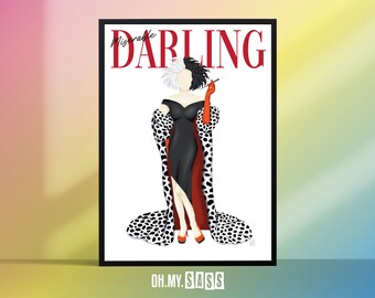 Cruella de Vil Magazine Cover Print | Disney Villain Drawing | Dalmatian | Fashion Illustration | Wall Art Poster | Gift for her | A3 A4 A5
