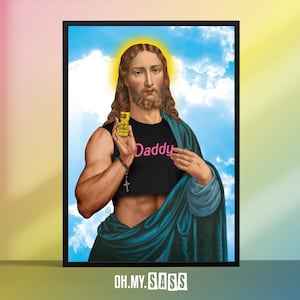 Funny Poppers Jesus Liquid Gold Print | Daddy Vintage Altered Art Poster | Gay Pride Culture | LGBTQ+ | Queer Art | Gallery Wall | A3 A4 A5
