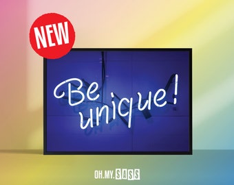 Neon Effect Blue "Be Unique" Print | Happy Positivity Motivational Poster Typography | Kids Children bedroom | A3 A4 A5