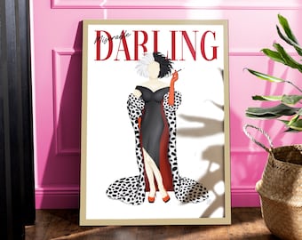 Cruella de Vil Magazine Cover Print | Disney Villain Drawing | Dalmatian | Fashion Illustration | Gift for her | A1 A2 A3 A4 A5