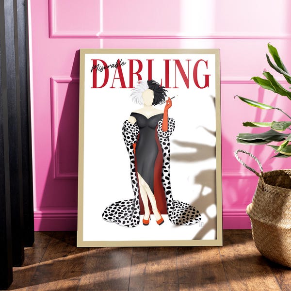 Cruella de Vil Magazine Cover Print | Disney Villain Drawing | Dalmatian | Fashion Illustration | Gift for her | A1 A2 A3 A4 A5