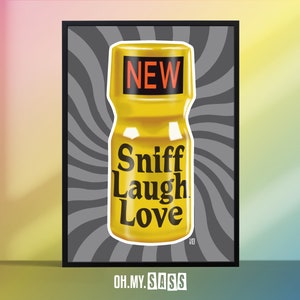 Poppers &#39;Sniff Laugh Love&#39; Liquid Gold Print | Gay Pride Culture LGBTQ+ Poster | Rave Party Music Queer Art | Home Decor Wall Art | A3 A4 A5