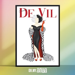 Puede incluir: Una ilustraci&oacute;n en blanco y negro de Cruella de Vil de la pel&iacute;cula de Disney 101 D&aacute;lmatas. Lleva un vestido negro con un abrigo de estampado d&aacute;lmata rojo y blanco y guantes rojos. El texto "Cruella de Vil" est&aacute; escrito en letras rojas sobre su cabeza.