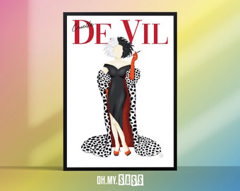 クルエラ・ド・ヴィル 雑誌表紙プリント | ディズニー悪役の絵 | ダルメシアン | ファッションイラスト | ウォールアートポスター | 彼女へのギフト | A3 A4 A5