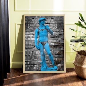 Gay Leather Daddy Statue of David Print | Altered Pride Culture LGBTQ+ Poster | Rave Party Fetish Queer Art | Home Decor Wall Art | A3 A4 A5