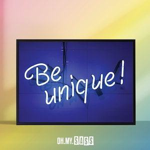 Impresión con efecto neón azul "Be Unique" / Póster motivacional de positividad feliz / Tipografía / Dormitorio infantil / A3 A4 A5