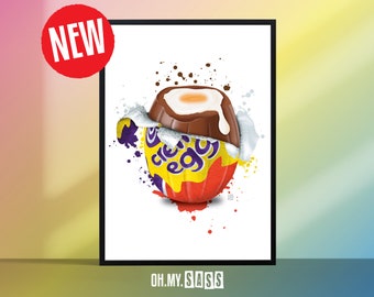 Retro Chocolate Creme Egg Print | Easter Food Confectionery Colourful Paint Splat Throwback Wall Print | Gallery Wall | A3 A4 A5