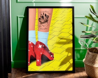 Wizard of Oz Ruby Slippers Tattoo Print | Somewhere Over the Rainbow | Yellow Brick Road Poster | Red Heels Wicked Wall Art | A1 A2 A3 A4 A5