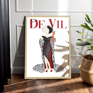 Lámina con la portada de la revista Cruella de Vil / Dibujo de la villana de Disney / Dálmata / Ilustración de moda / Arte para la pared / Regalo para ella / A1 A2 A3 A4 A5 imagen 1