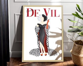 Cruella de Vil Magazine Cover Print | Disney Villain Drawing | Dalmatian | Fashion Illustration | Wall Art | Gift for her | A1 A2 A3 A4 A5