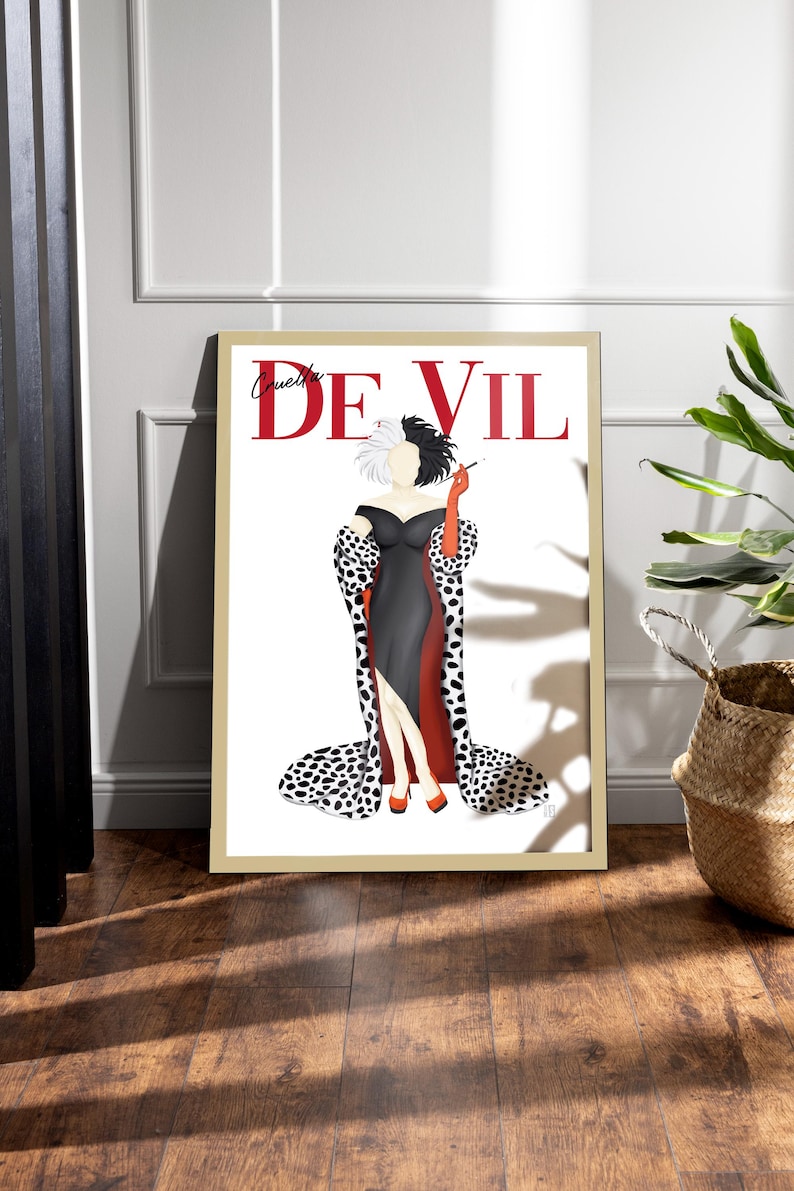 Lámina con la portada de la revista Cruella de Vil / Dibujo de la villana de Disney / Dálmata / Ilustración de moda / Arte para la pared / Regalo para ella / A1 A2 A3 A4 A5 imagen 1