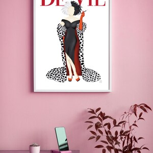 Lámina con la portada de la revista Cruella de Vil / Dibujo de la villana de Disney / Dálmata / Ilustración de moda / Arte para la pared / Regalo para ella / A1 A2 A3 A4 A5 imagen 6