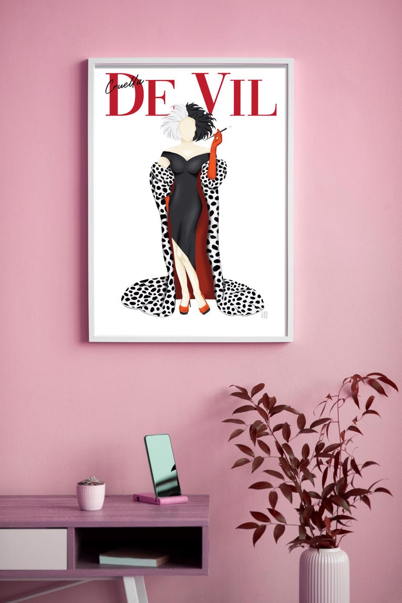 Lámina con la portada de la revista Cruella de Vil / Dibujo de la villana de Disney / Dálmata / Ilustración de moda / Arte para la pared / Regalo para ella / A1 A2 A3 A4 A5 imagen 6