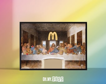 ヴィンテージの面白い絵画プリント | ハンバーガーとファーストフードの最後の晩餐 | イエスとレオナルド・ダ・ヴィンチ | ギャラリーウォール | ホームポスター | マキシマリスト A3 A4 A5