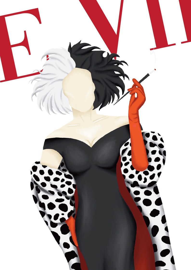 Lámina con la portada de la revista Cruella de Vil / Dibujo de la villana de Disney / Dálmata / Ilustración de moda / Arte para la pared / Regalo para ella / A1 A2 A3 A4 A5 imagen 2