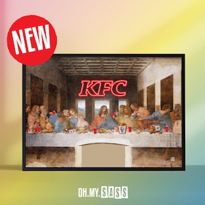 Vintage Funny Painting Print | Chicken Fast Food Last Supper | Jesus Leonardo da Vinci | Gallery Wall | Home Poster | Maximalist A3 A4 A5