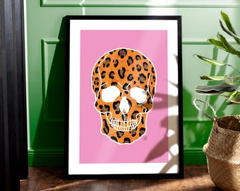 Quirky Pink Leopard Skull Art Print | Punk Fashion Illustration Poster | Prints for Home | Gifts Girlfriend Wife Mum Her | A1 A2 A3 A4 A5