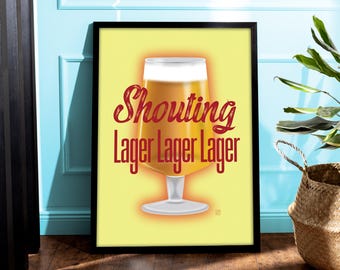 Impresión de cerveza Shouting Lager / Born Slippy Underworld Yellow Pint Glass / Happy Hour Alcohol Drinking / Kitchen Bar Pub Music Lyric / A1 A2 A3 A4 A5