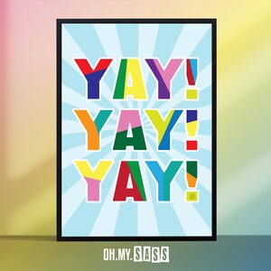 Impresión de arcoíris colorido "Yay" / Póster de bienestar y positividad feliz / Tipografía multicolor / Dormitorio infantil / Regalo para amigos / A3 A4 A5