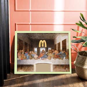 Vintage Funny Painting Print | Burger Fast Food Last Supper | Jesus Leonardo da Vinci | Gallery Wall Poster | Maximalist A1 A2 A3 A4 A5