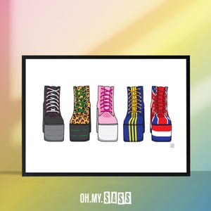 Estampado de botas de plataforma / Grupo de chicas nostálgico de los 90 / Zapatos de moda / Música pop nostálgica de los 90 / Arte mural divertido y peculiar / A3 A4 A5