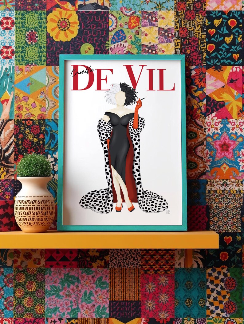 Lámina con la portada de la revista Cruella de Vil / Dibujo de la villana de Disney / Dálmata / Ilustración de moda / Arte para la pared / Regalo para ella / A1 A2 A3 A4 A5 imagen 3